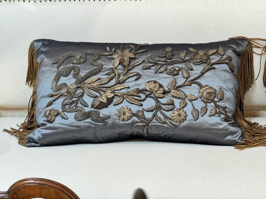 Pair of 17th Century Blue Satin Pillows with Fringe - Helen Storey Antiques