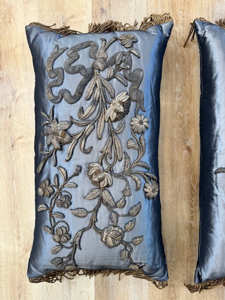 Pair of 17th Century Blue Satin Pillows with Fringe - Helen Storey Antiques