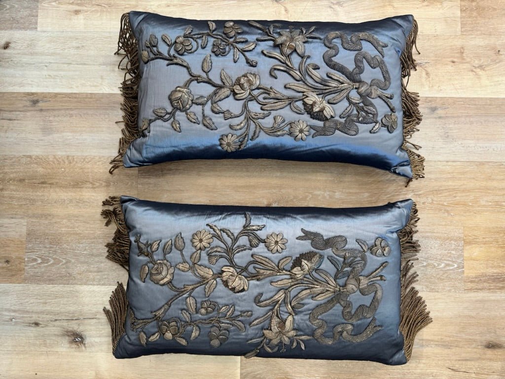 Pair of 17th Century Blue Satin Pillows with Fringe - Helen Storey Antiques