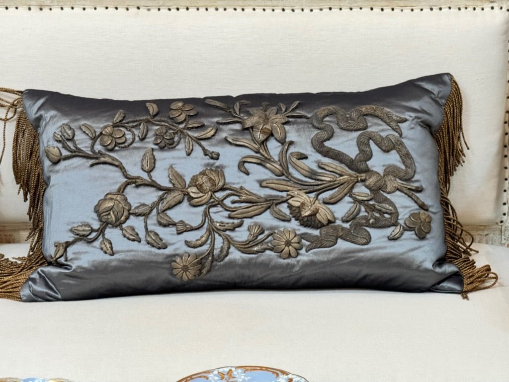 Pair of 17th Century Blue Satin Pillows with Fringe - Helen Storey Antiques