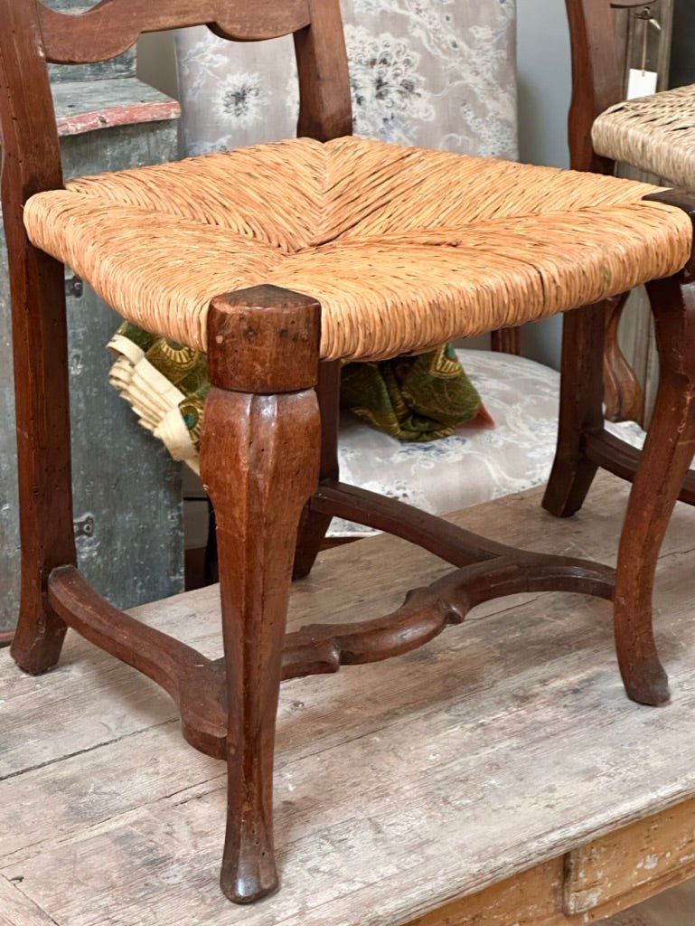 Pair of 18th Century Walnut Rococo Side Chairs with Rush Seats - Helen Storey Antiques