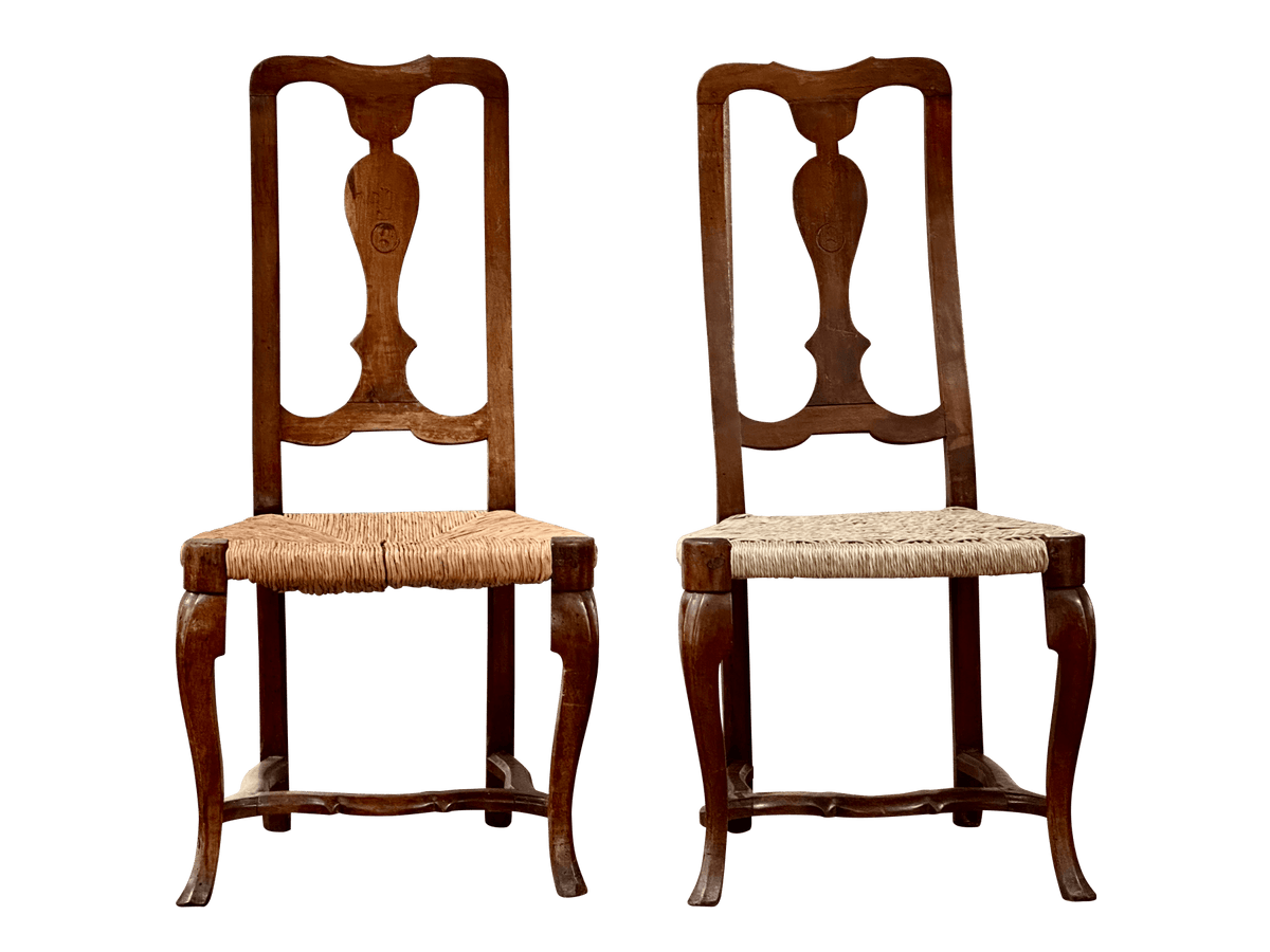 Pair of 18th Century Walnut Rococo Side Chairs with Rush Seats - Helen Storey Antiques