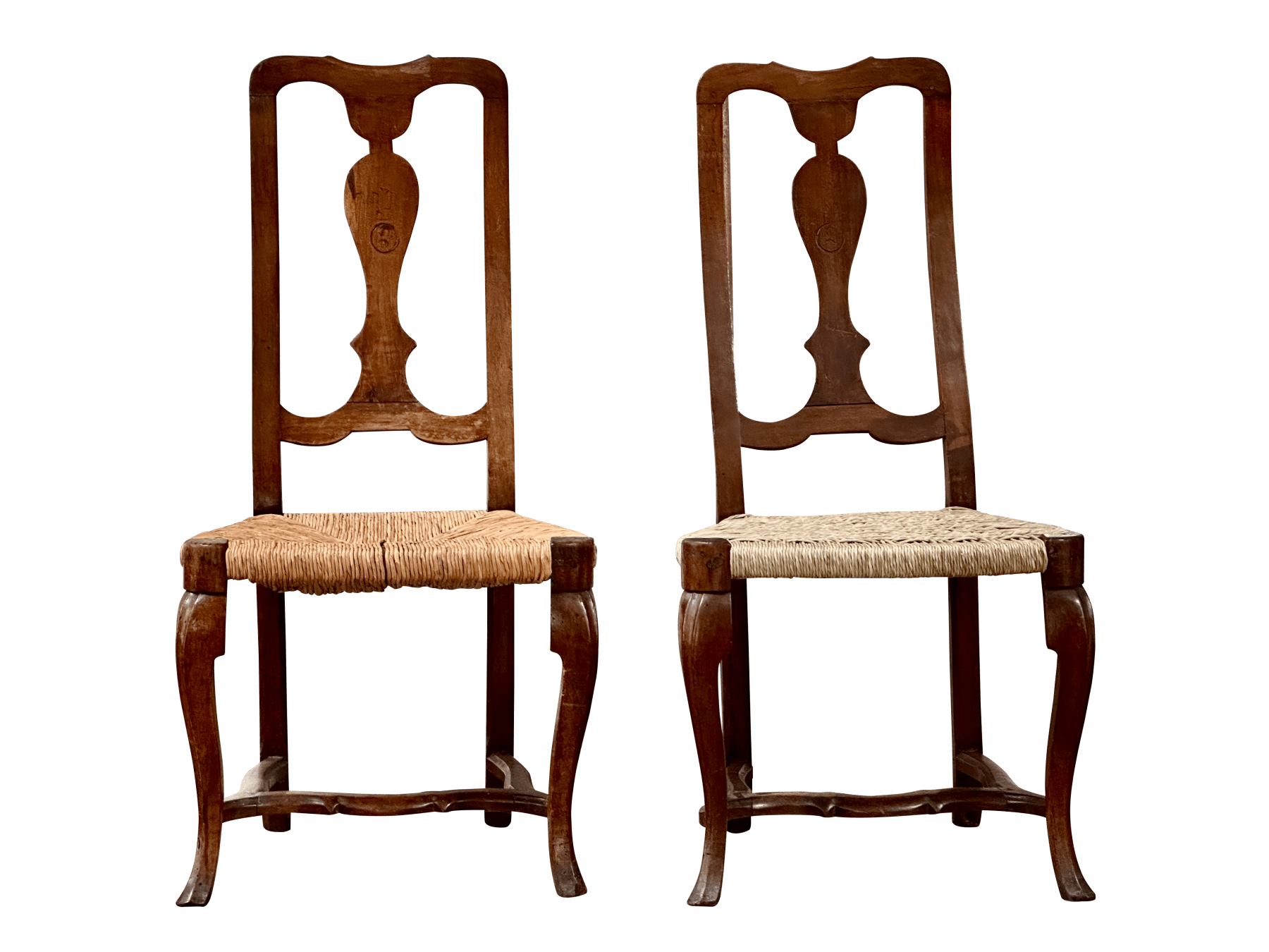 Pair of 18th Century Walnut Rococo Side Chairs with Rush Seats