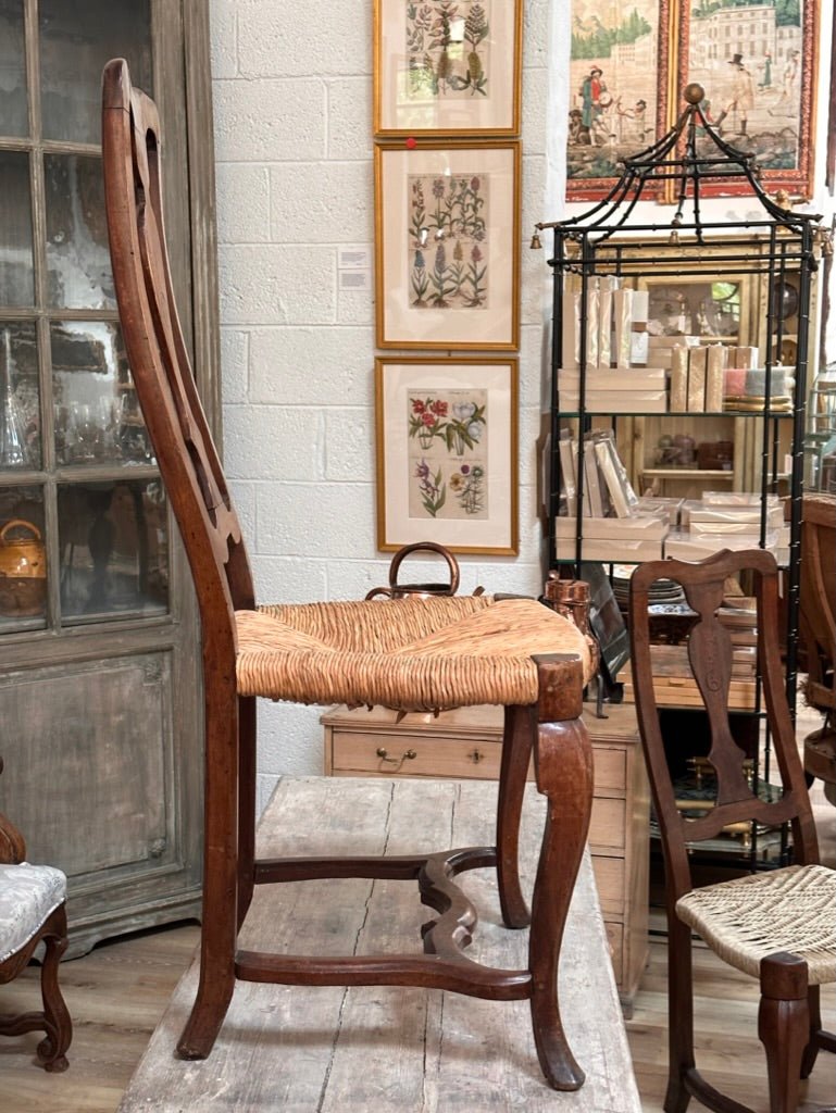 Pair of 18th Century Walnut Rococo Side Chairs with Rush Seats - Helen Storey Antiques