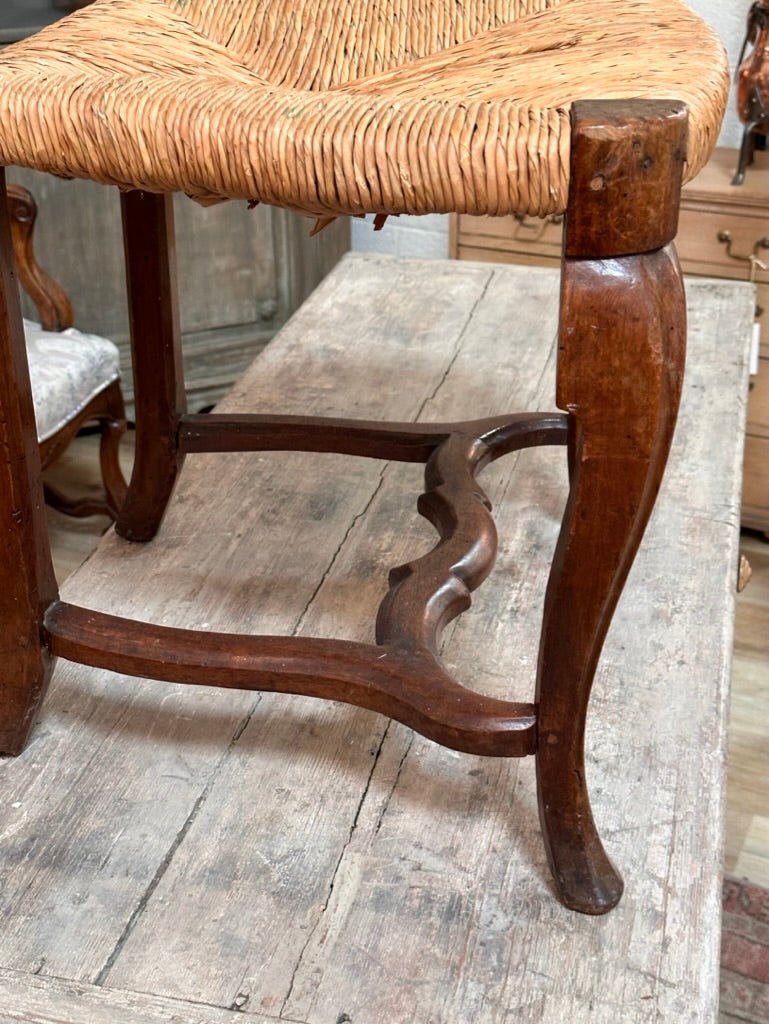 Pair of 18th Century Walnut Rococo Side Chairs with Rush Seats - Helen Storey Antiques