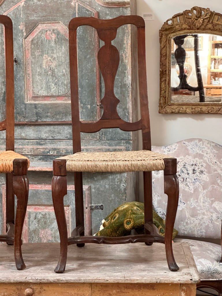 Pair of 18th Century Walnut Rococo Side Chairs with Rush Seats - Helen Storey Antiques