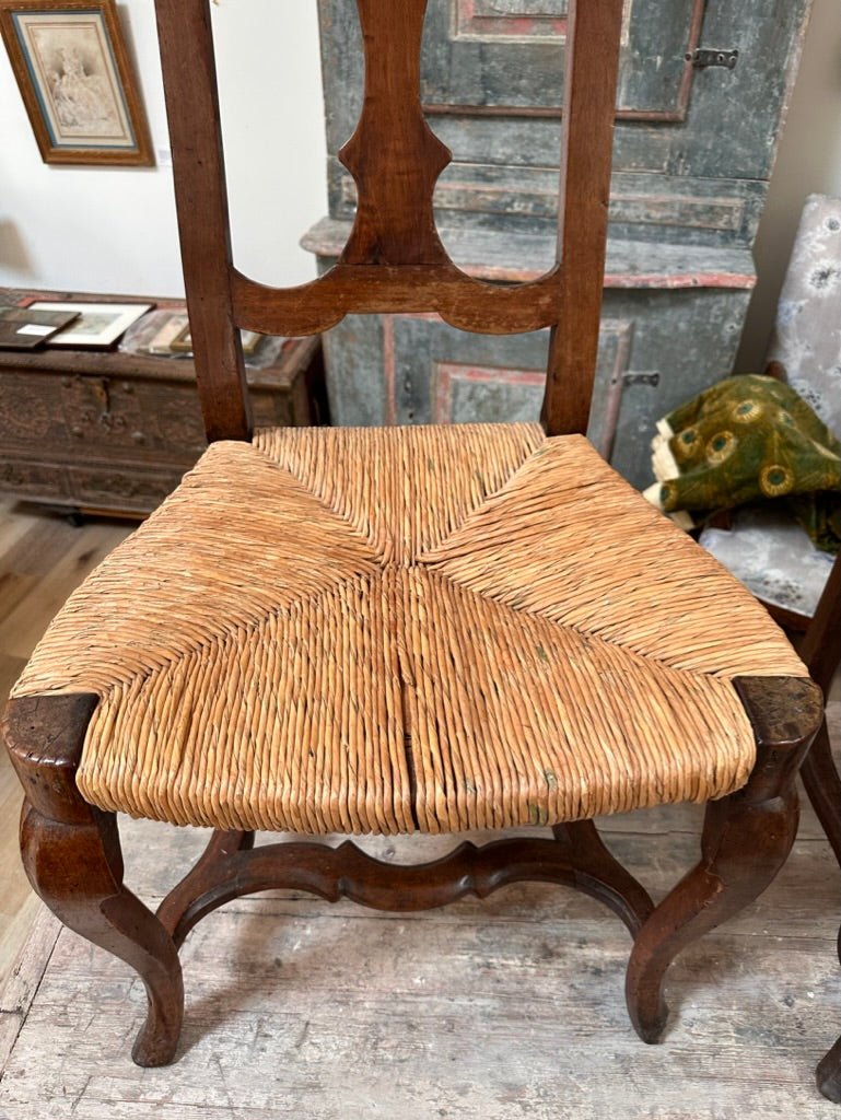 Pair of 18th Century Walnut Rococo Side Chairs with Rush Seats - Helen Storey Antiques