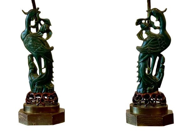 PAIR OF 19th Century JADE PHOENIX figures mounted as LAMPS - Helen Storey Antiques