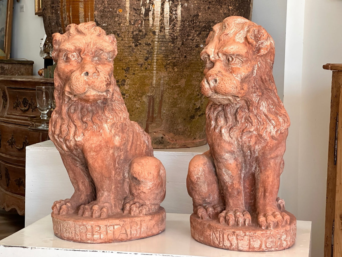 Pair of 19th Century Terra Cotta Lions, c. 1860 - Helen Storey Antiques