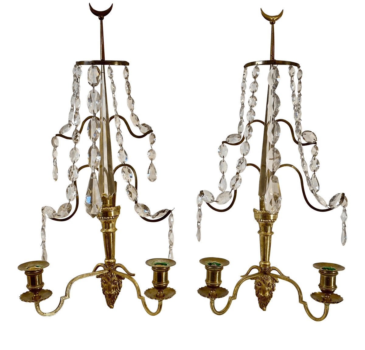 Pair of Baltic or Russian fire gilt bronze two - arm wall sconces, circa 1810 - Childs Estate - Helen Storey Antiques