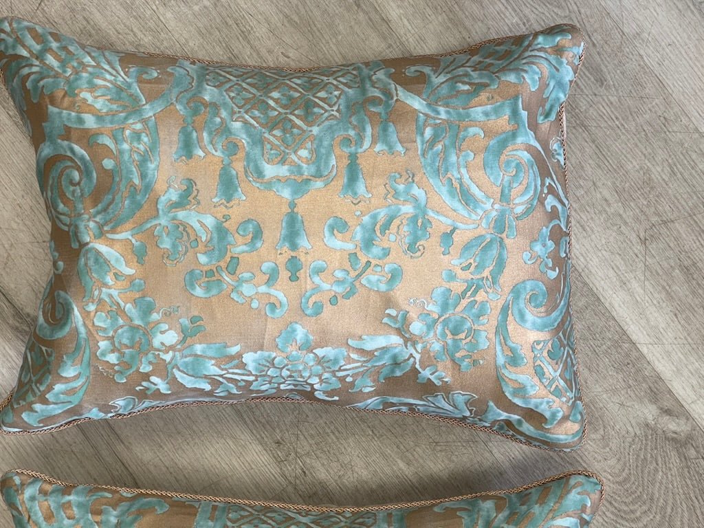 Pair of brilliant turquoise and gold Fortuny Pillows - Helen Storey Antiques