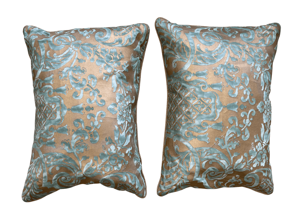 Pair of brilliant turquoise and gold Fortuny Pillows - Helen Storey Antiques