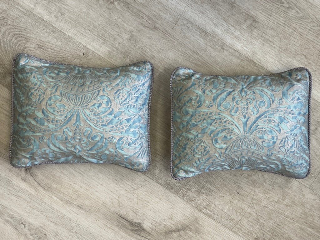 Pair of Charming pale blue and silver Fortuny Pillows - Helen Storey Antiques