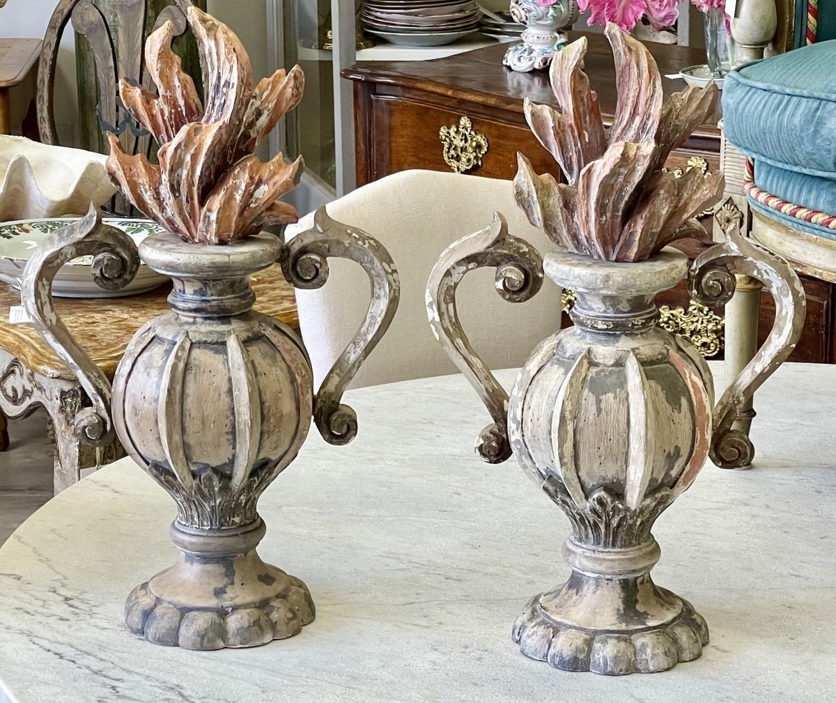 PAIR OF EARLY ITALIAN carved, POLYCHROME ARCHITECTURAL URNS - Helen Storey Antiques