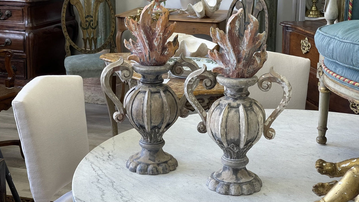 PAIR OF EARLY ITALIAN carved, POLYCHROME ARCHITECTURAL URNS - Helen Storey Antiques