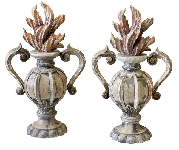 PAIR OF EARLY ITALIAN carved, POLYCHROME ARCHITECTURAL URNS - Helen Storey Antiques