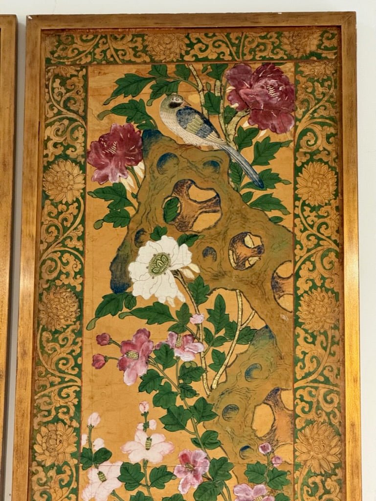 Pair of framed Hand - Painted Chinese Panels, 18th - 19th Century; Golds, greens, pinks - Helen Storey Antiques