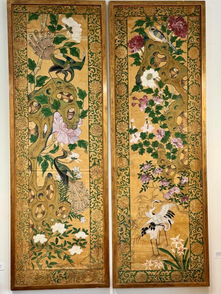 Pair of framed Hand-Painted  Chinese Panels, 18th - 19th Century; Golds, greens, pinks