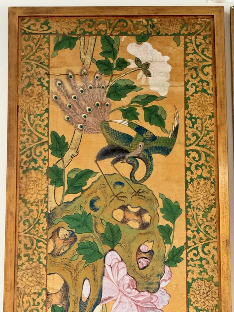 Pair of framed Hand - Painted Chinese Panels, 18th - 19th Century; Golds, greens, pinks - Helen Storey Antiques