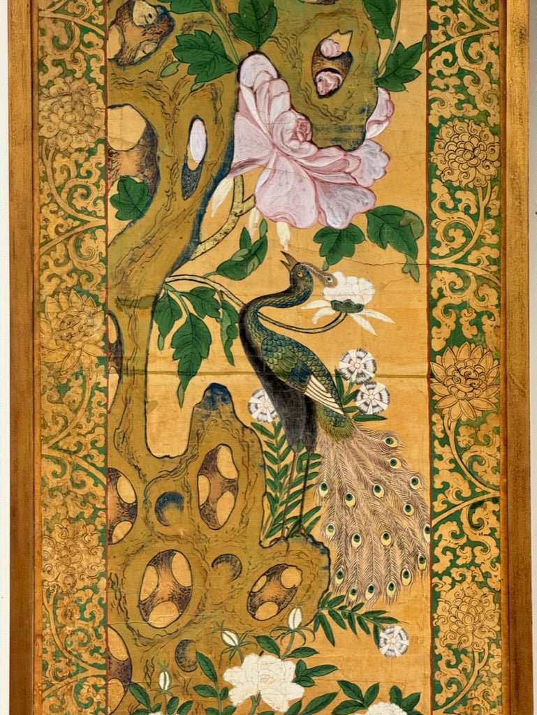 Pair of framed Hand - Painted Chinese Panels, 18th - 19th Century; Golds, greens, pinks - Helen Storey Antiques