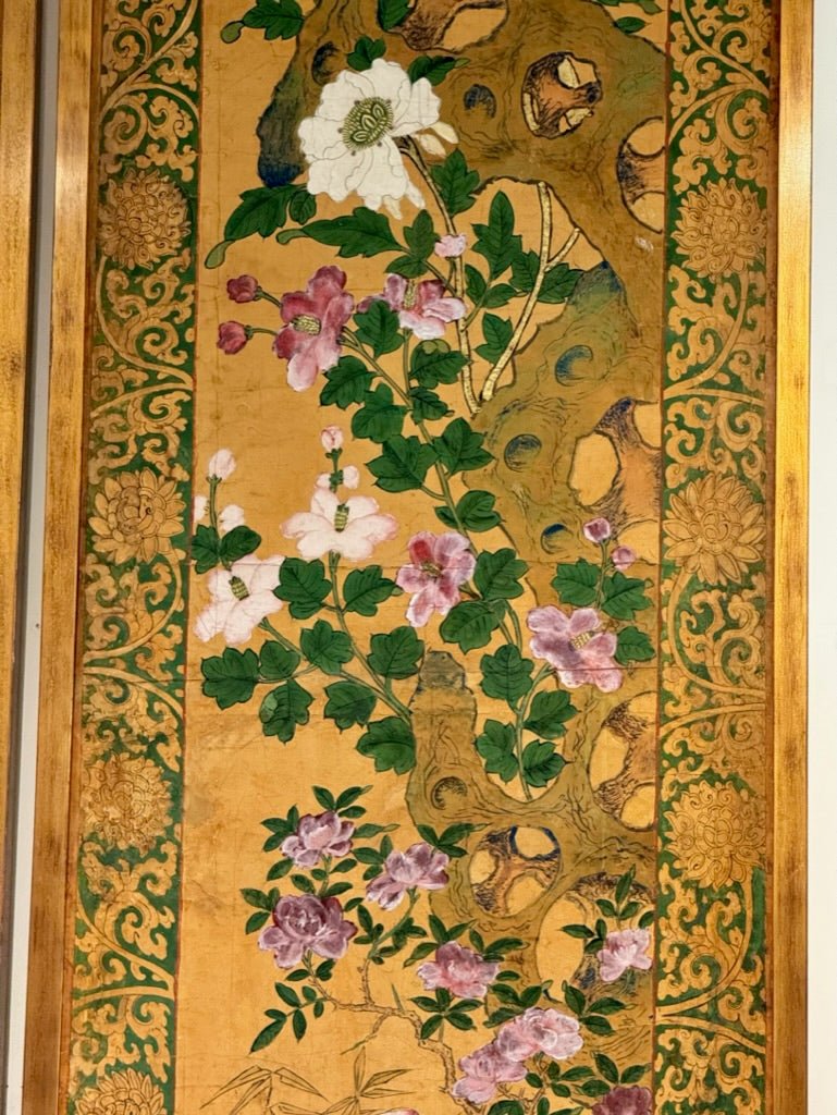 Pair of framed Hand - Painted Chinese Panels, 18th - 19th Century; Golds, greens, pinks - Helen Storey Antiques