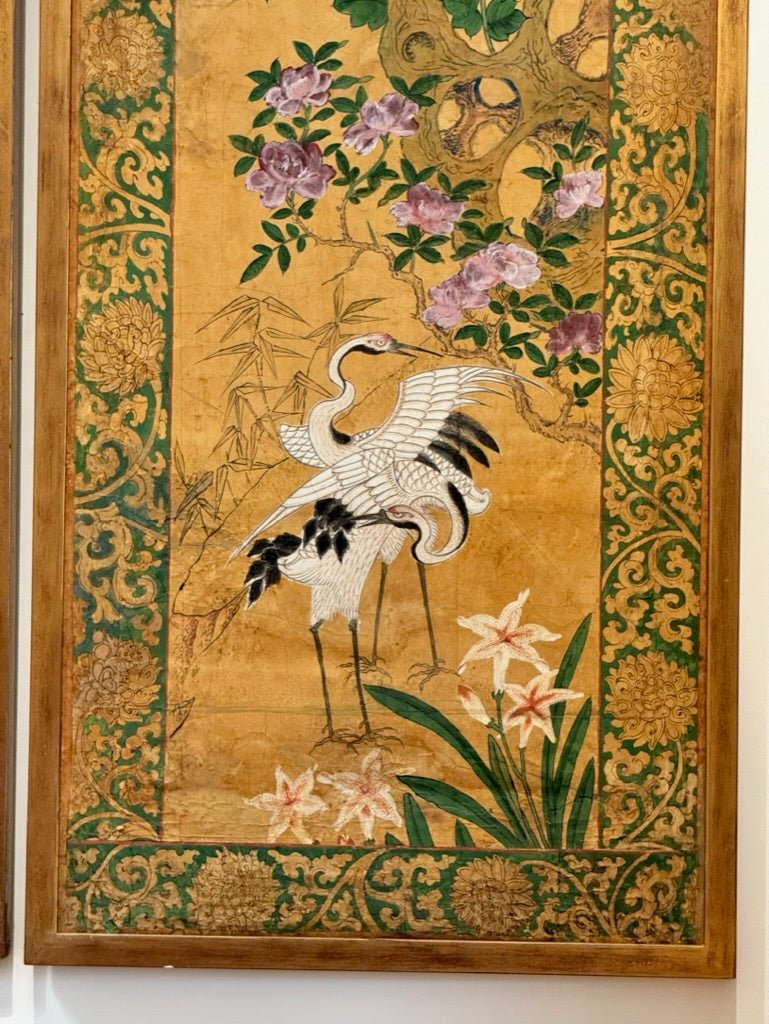 Pair of framed Hand - Painted Chinese Panels, 18th - 19th Century; Golds, greens, pinks - Helen Storey Antiques