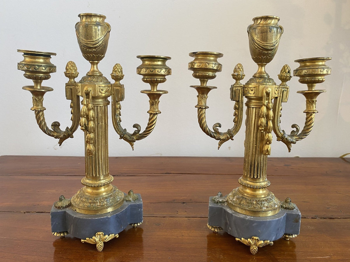 Pair of French Bronze and Marble Candelabra - Helen Storey Antiques