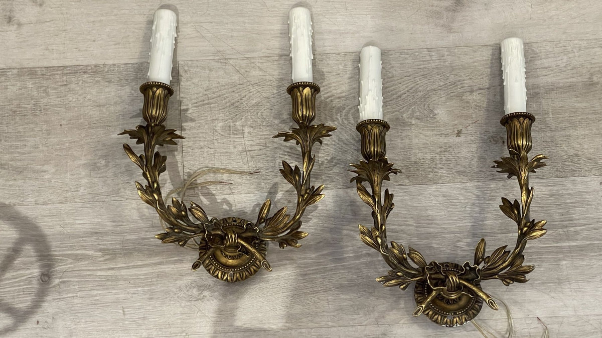 PAIR OF FRENCH GILT BRONZE DOUBLE SCONCES - Helen Storey Antiques