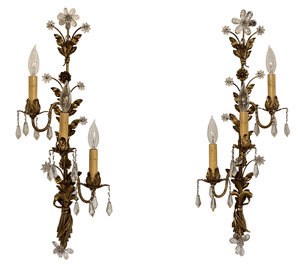 Pair of French gilt tole wall sconces, electrified - Helen Storey Antiques