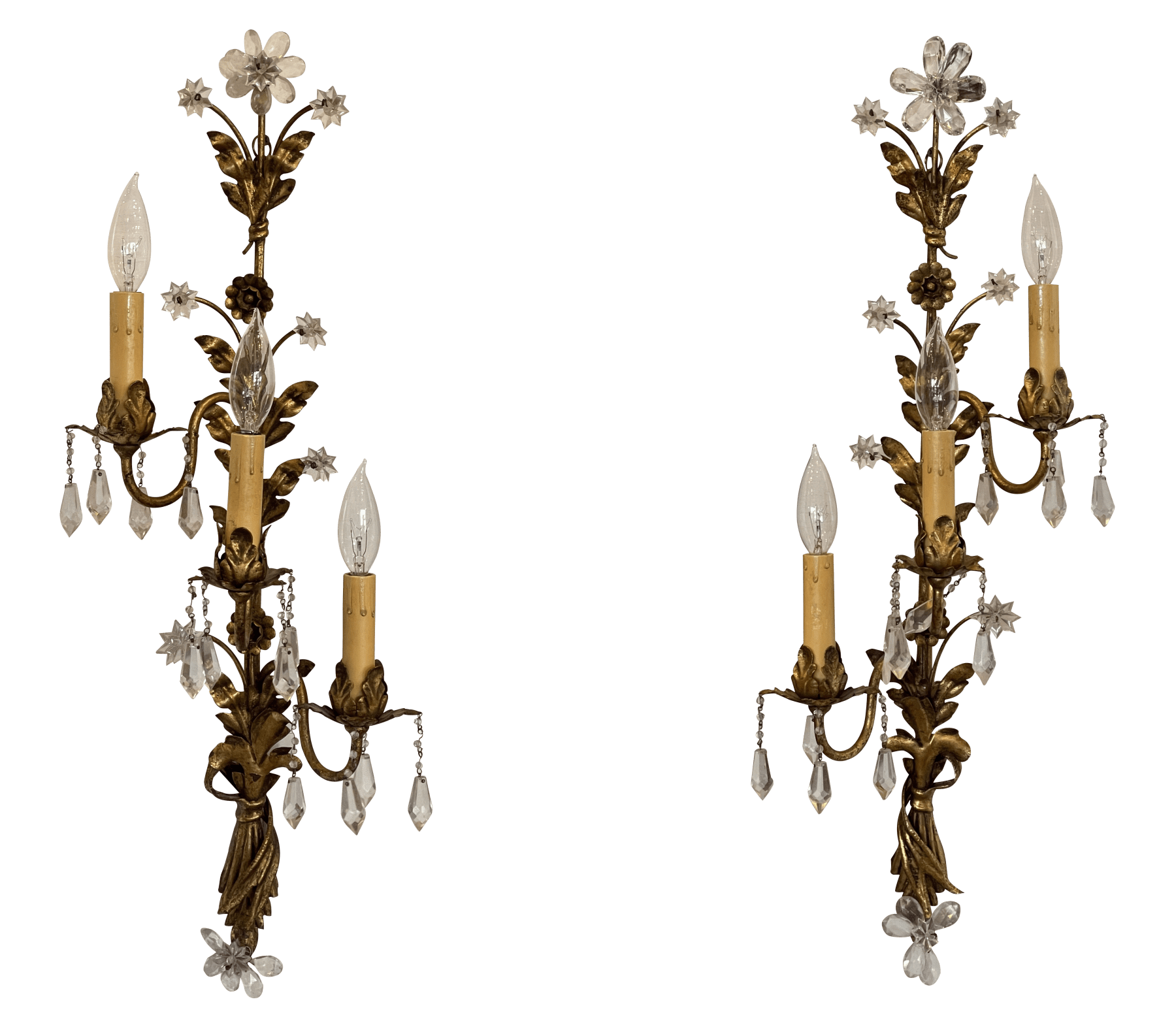 Pair of French gilt tole wall sconces, electrified