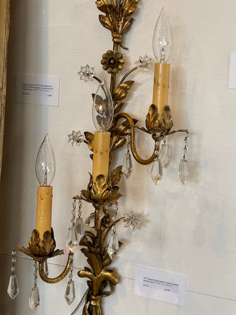 Pair of French gilt tole wall sconces, electrified - Helen Storey Antiques