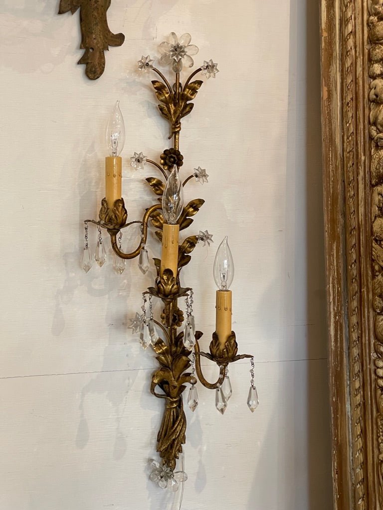 Pair of French gilt tole wall sconces, electrified - Helen Storey Antiques