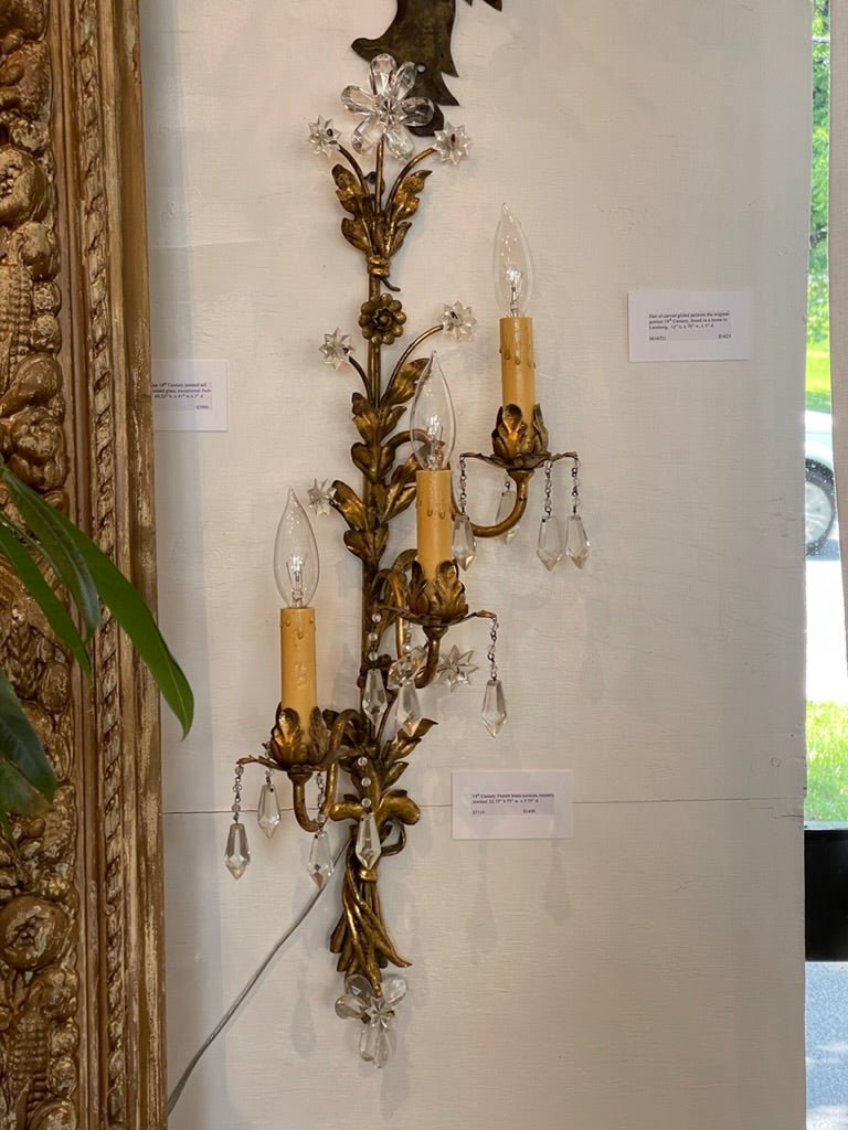 Pair of French gilt tole wall sconces, electrified - Helen Storey Antiques