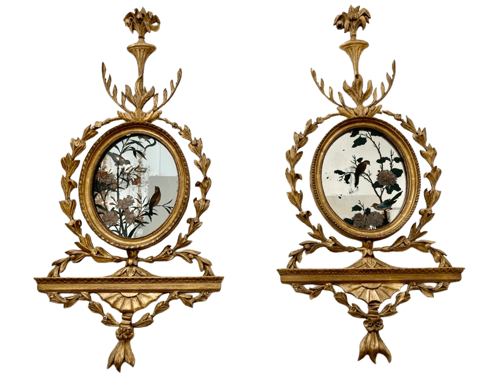 Pair of George III girandole mirrors with eglomise birds - sconces - Helen Storey Antiques