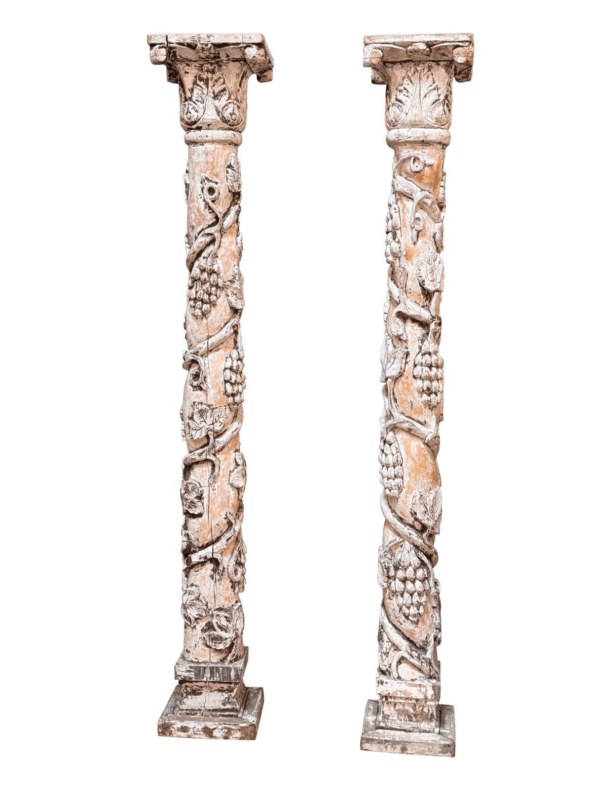 Pair of Italian Carved Creme Peinte Baroque Columns - Helen Storey Antiques