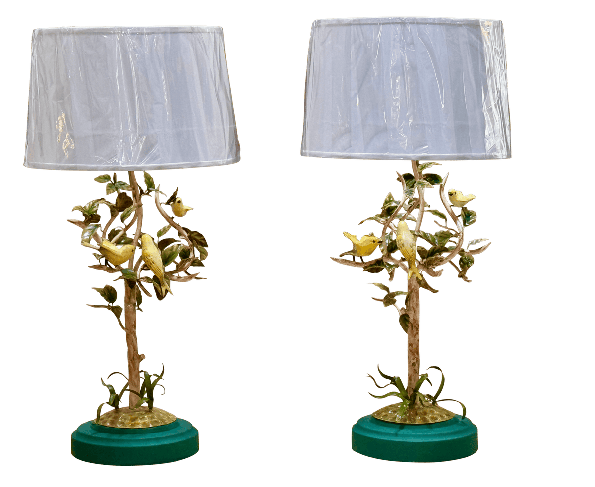 Pair of Italian Vintage Tole Bird and foliage lamps - Helen Storey Antiques