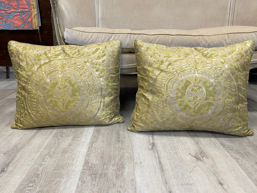 Pair of large Gold and Chartreuse Fortuny Cushions - Helen Storey Antiques