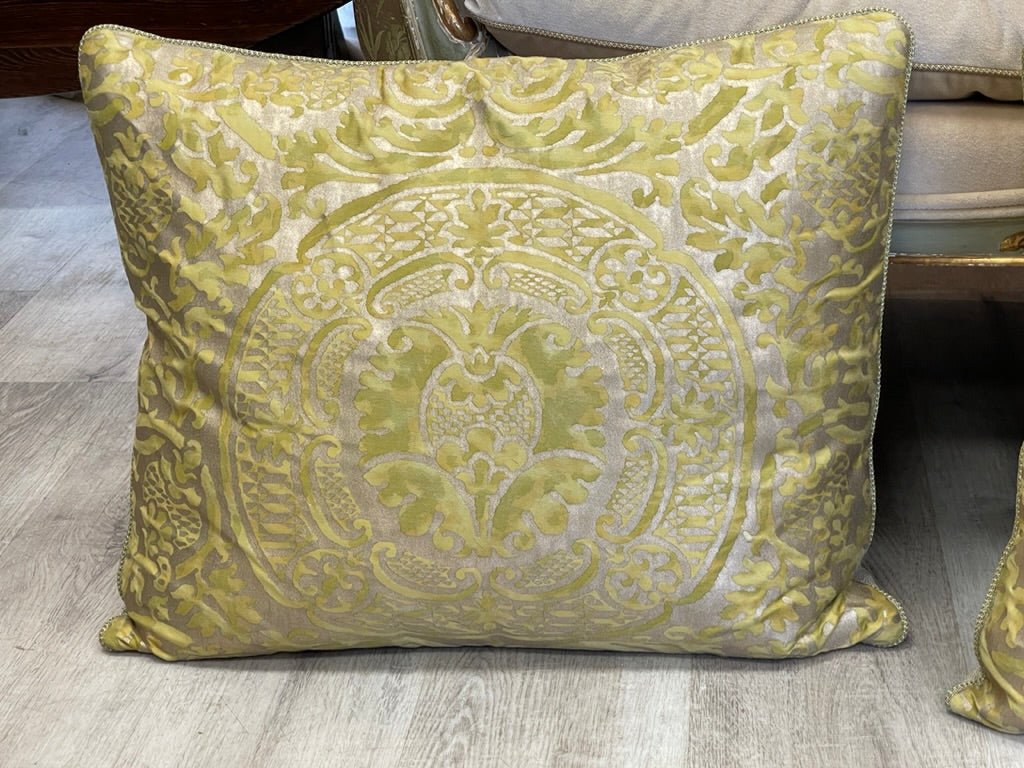 Pair of large Gold and Chartreuse Fortuny Cushions - Helen Storey Antiques