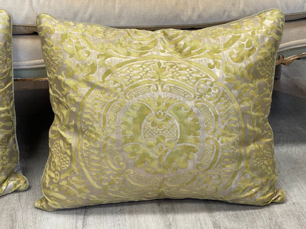 Pair of large Gold and Chartreuse Fortuny Cushions - Helen Storey Antiques