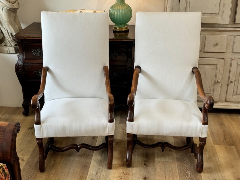 Pair of Louis XIV period walnut Os de Mouton Armchairs, c. 1740, France - Helen Storey Antiques