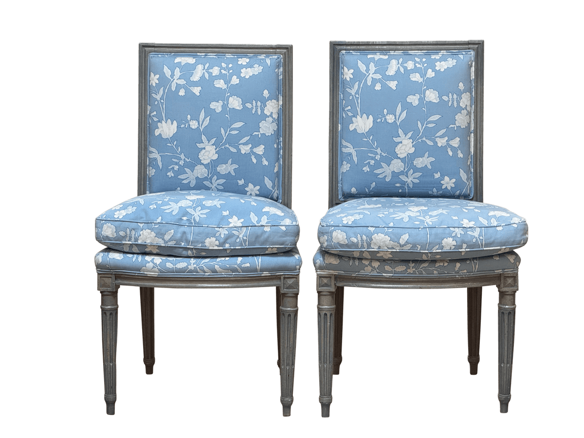 Pair of Louis XVI grey/blue painted side chairs chaises, late 18th Century - Helen Storey Antiques