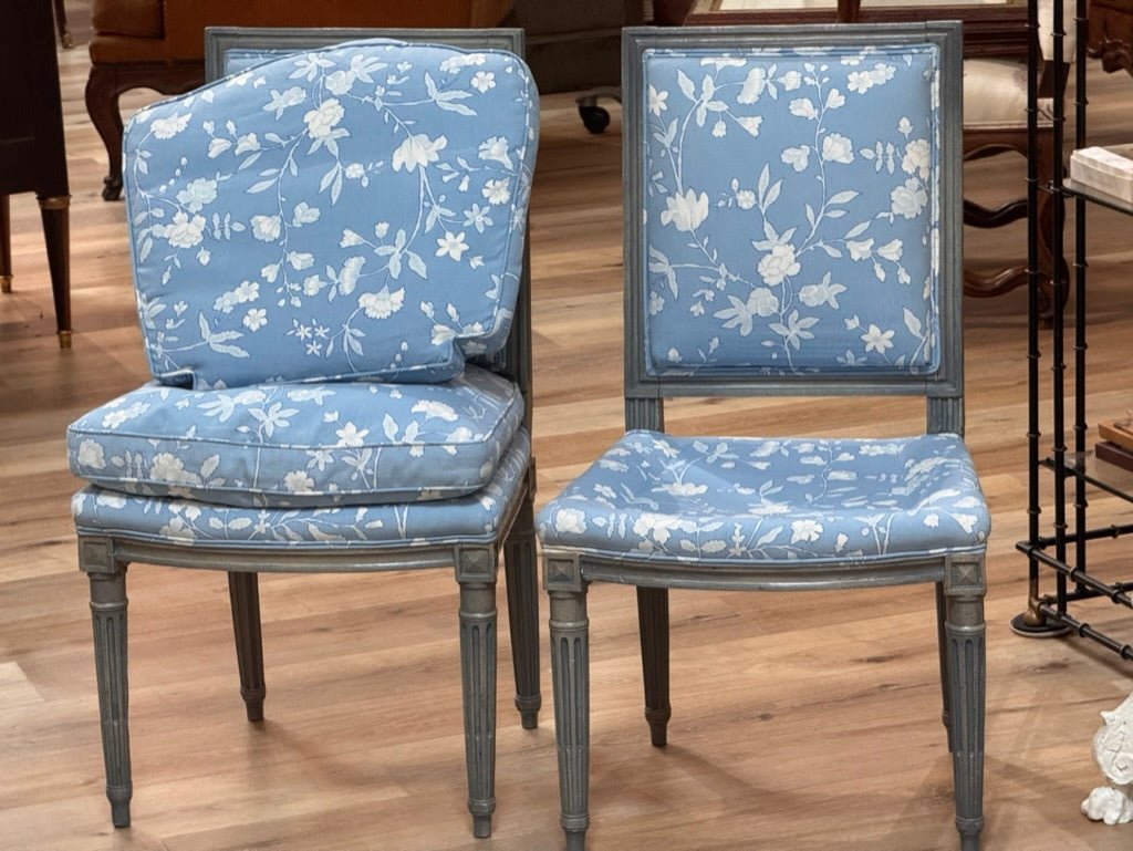 Pair of Louis XVI grey/blue painted side chairs chaises, late 18th Century - Helen Storey Antiques