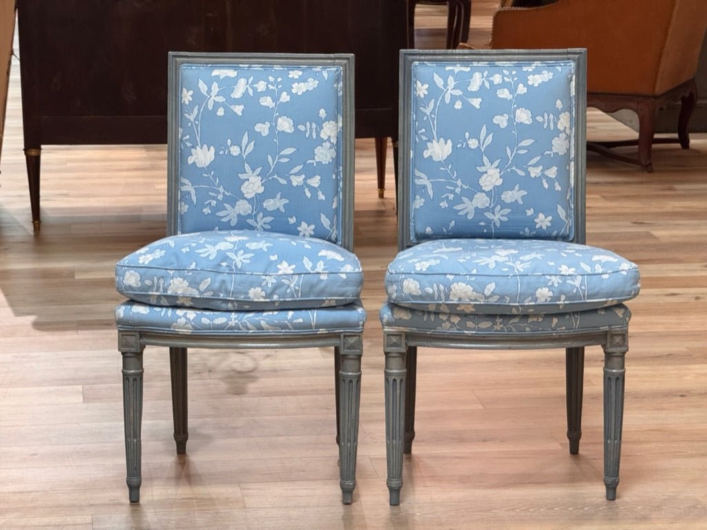 Pair of Louis XVI grey/blue painted side chairs chaises, late 18th Century - Helen Storey Antiques