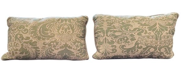 PAIR OF OLIVE GREEN &amp; CREAM COTTON FORTUNY PILLOWS - Helen Storey Antiques