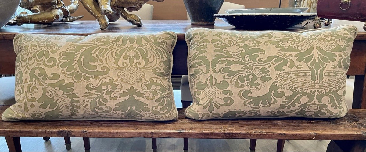 PAIR OF OLIVE GREEN &amp; CREAM COTTON FORTUNY PILLOWS - Helen Storey Antiques