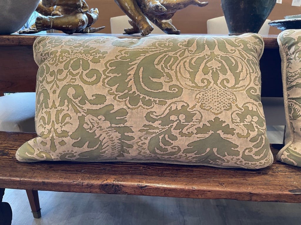 PAIR OF OLIVE GREEN &amp; CREAM COTTON FORTUNY PILLOWS - Helen Storey Antiques