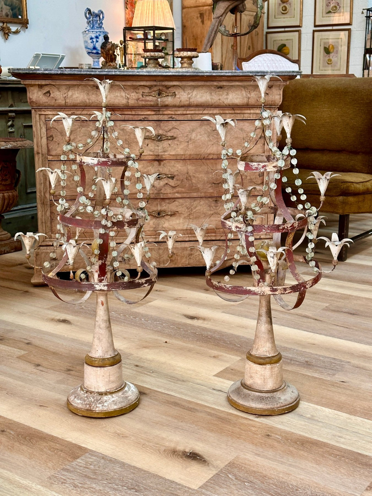 Pair of Swedish Cream Painted Tole Twelve - Light Candelabra - Helen Storey Antiques