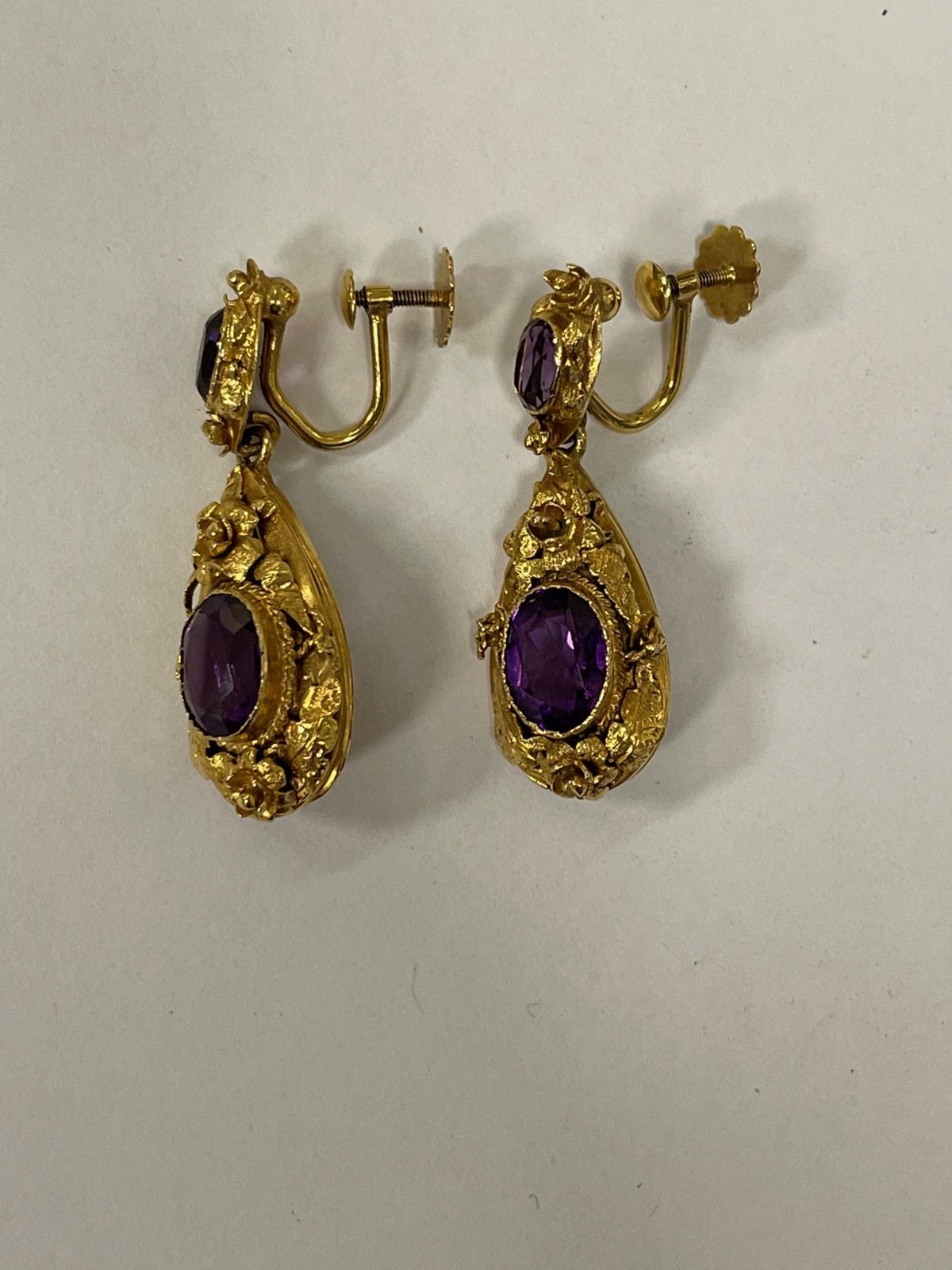 Pair of Victorian 15k Gold &amp; Amethyst Earrings - Helen Storey Antiques