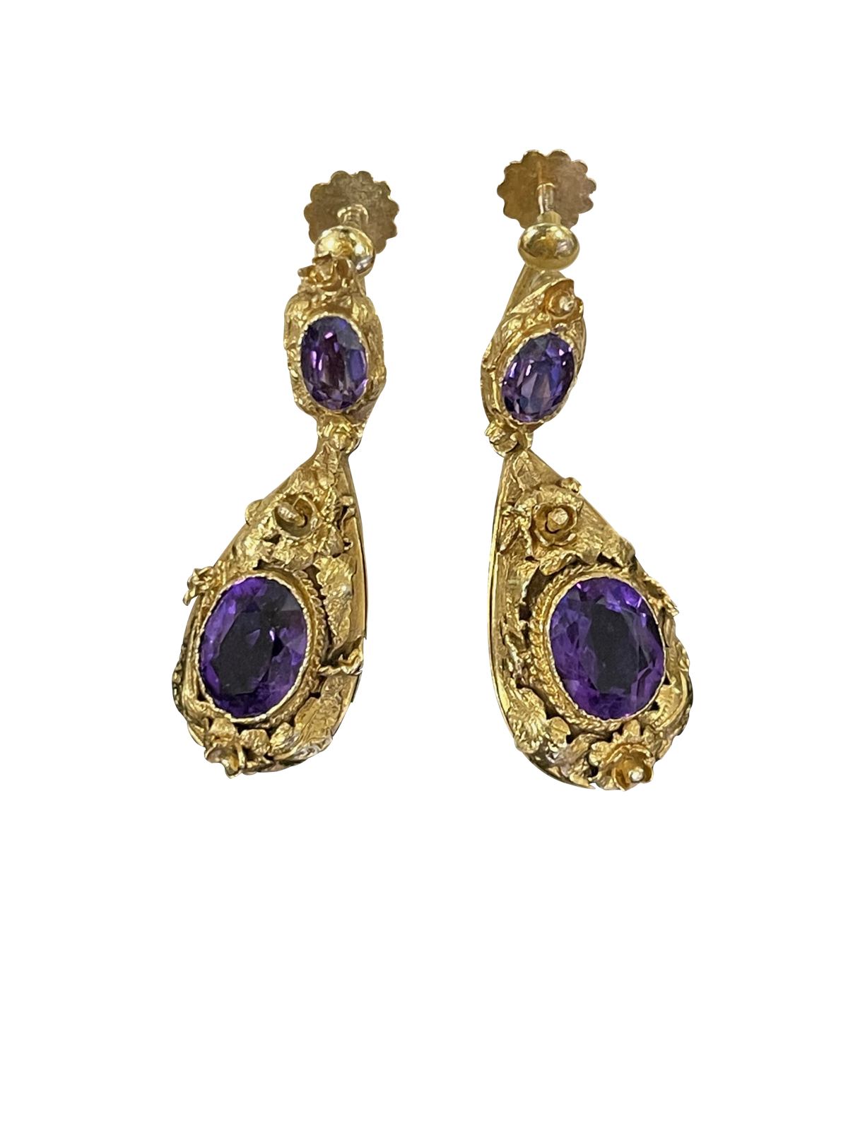 Pair of Victorian 15k Gold &amp; Amethyst Earrings - Helen Storey Antiques