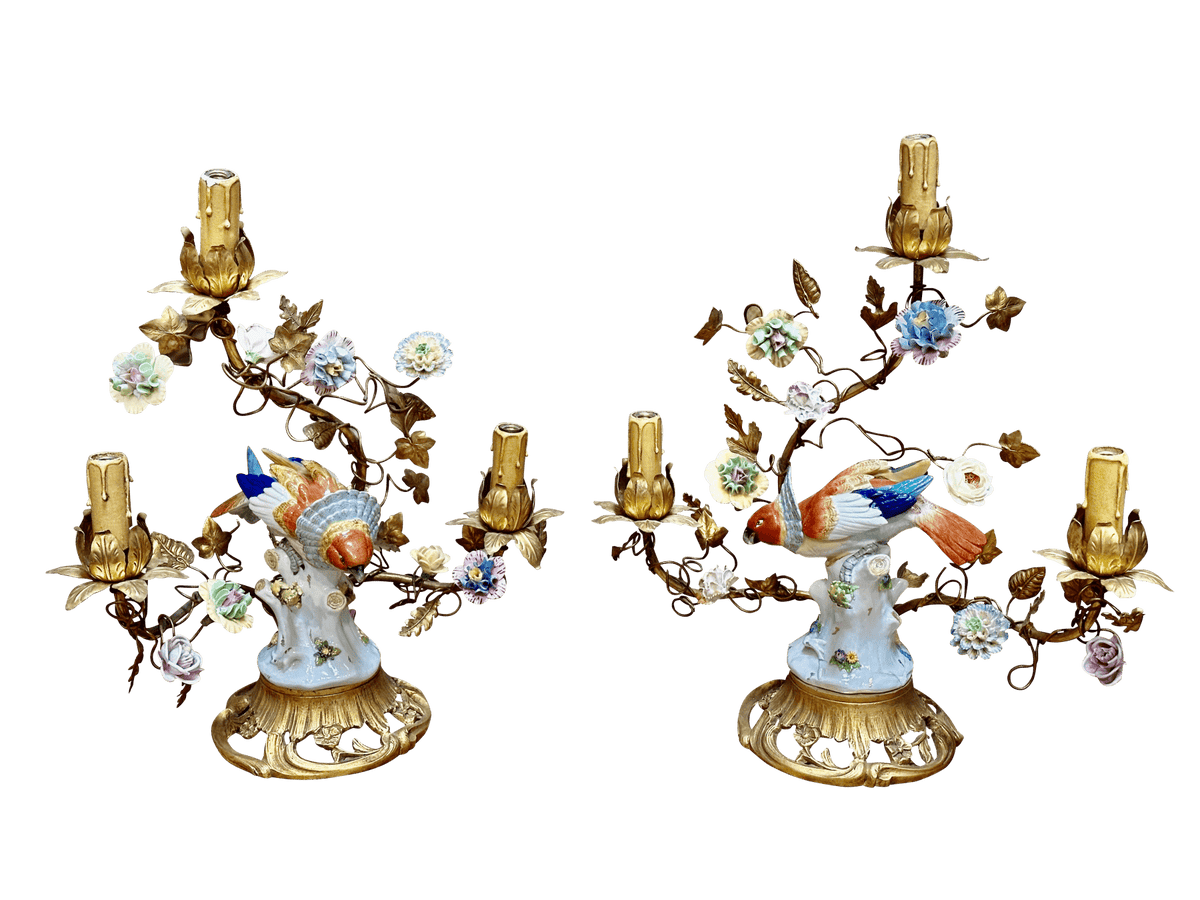 Pair of Volkstedt parrots mounted on French gilt table lamp, c. 1900 - Helen Storey Antiques